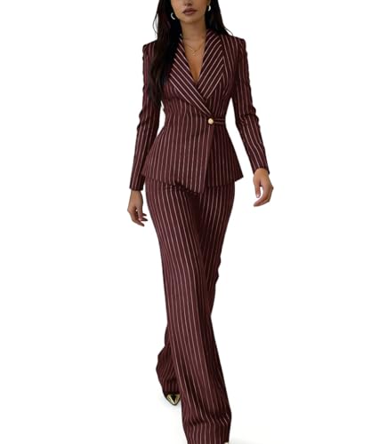 Miesuit Burgundy Pinstripe Suit for Women 2 Piece Fall Fashion Office Outfits Casual Autumn Gold Button Womens Stripes Pant Suits for Work Professional Size 10