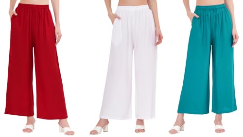 Image of Buy That Trendz Palazzo Pants for Women Rayon Elasticated Regular Fit Flared Wide Leg M to 6XL Pack of 3