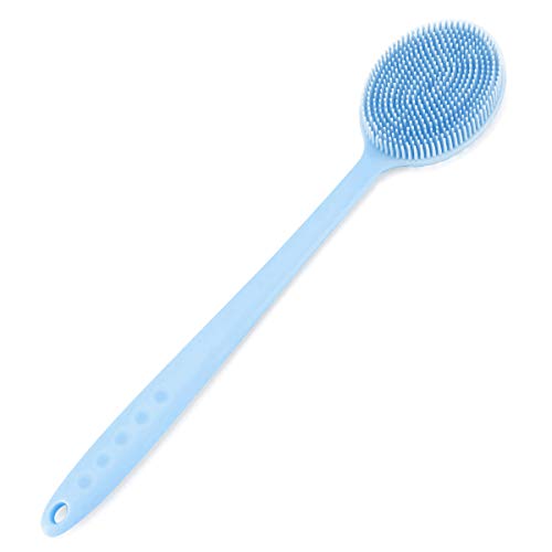 Silicone Ultra-Soft Shower Body Brush Two-Side Non-Slip Back Scrubber Bath Soft Bristles Cleaning Massage with Long Bendable Reach Handle for Deep Skin Cleansing and Exfoliating (Blue)
