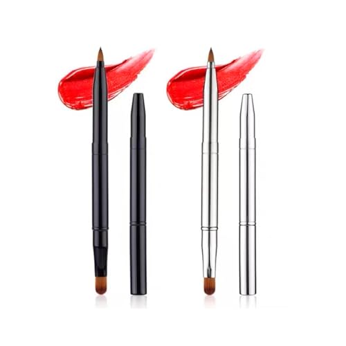 BGENHPON 2 Pack Retractable Lip Brush for Lipstick and Lip Gloss, Double-Ended Lip Makeup Brush with Cap, Travel-Friendly Lipstick Applicator (silver/black)