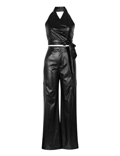 Image of WOKANSE Womens PU Leather Stretchy 2 Piece Outfit Belted Sleeveless Halter Tops and Straight Leg Pants Set with Pocket