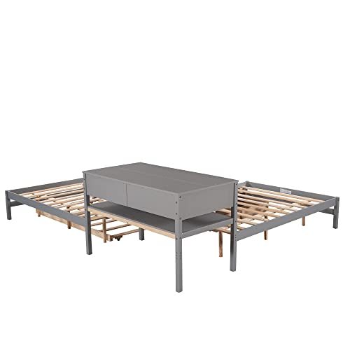 Moeo L-Shaped Full Size Platform Bed With Trundle And Drawers Linked W/Built-In Desk For Kids, Bedroom, Teens, Adults, No Box Spring Needed, 3 Wood Bedframe In 1, Gray #TOP3