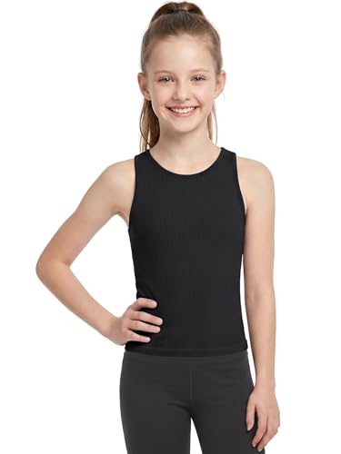 ATTRACO Ribflex Girls Tank Tops Kids Athletic Ribbed Knit Double Lined Racerback Sleeveless Yoga Dance Top Black 7-10 Years