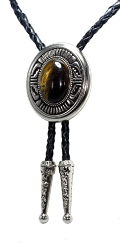 Image of Moranse Bolo Tie with Natural Tiger Eye Stone Celtic Style Genuine and Cowhide Rope