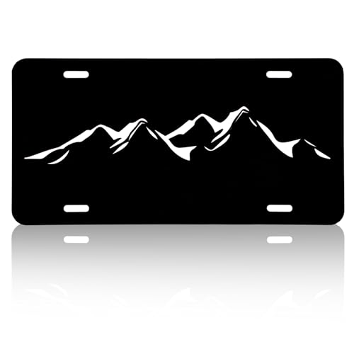 Mountains License Plate Black White Mountain License Plate Aluminum Metal Car Tag Funny Cars Personalized Decoration Vanity Tag Car Front Plates 6.2x12.2 Inch