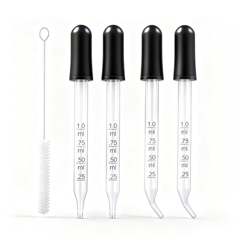Image of Eye Dropper Set for Essential Oils, Pipettes Dropper with Black Rubber Head, Calibrated Thick Glass Medicine Dropping Pipettes, 1ml Dropper Measurer, Dropper for Liquid, Straight-Tip, Bent-Tip