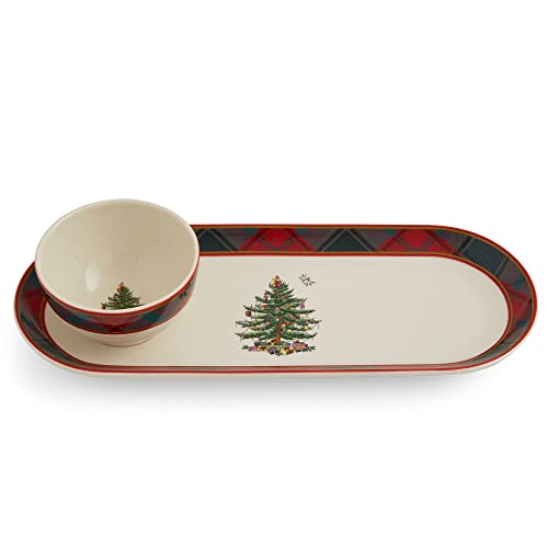 Spode Christmas Tree Collection| Tartan 2 Piece Chip And Dip| Measures 13-Inches| Made Of Fine Earthenware| For Sauces And Appetizers| Dishwasher, Microwave, And Freezer Safe #TOP18