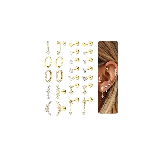 LOLIAS Hypoallergenic Flat Back Earrings Cartilage Earring Stacks - Surgical Steel Earrings for Sensitive Ears - Small Stainless Steel Flatback Stud Hoop Earring Sets for Helix Tragus Conch Daith Multiple Piercing Jewelry Trendy 14K Gold Plated