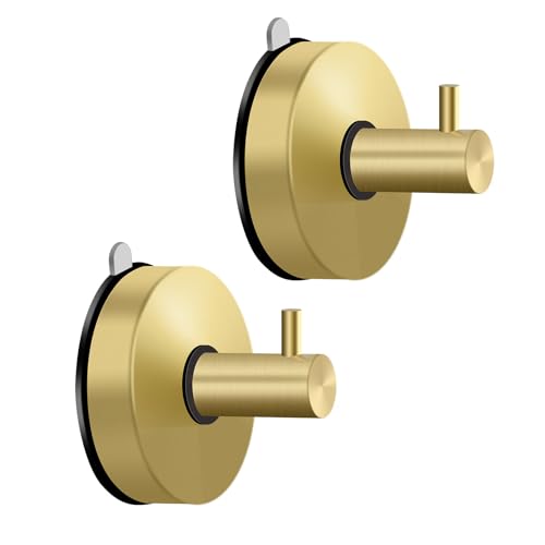 Suction Hooks, 2 Pack Vacuum Suction Cup Hooks for Shower Stainless Steel Shower Hooks Holders Towel Hooks Wall Hanging Hook Heavy Duty Hooks for Bathroom Kitchen（Gold）