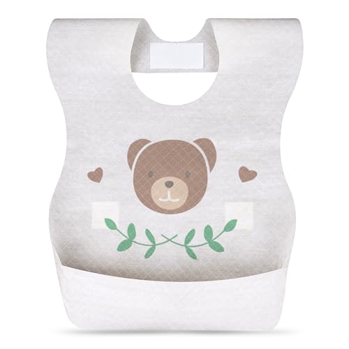 Budding Bear Baberos Bebe Desechables (Pack de 60) - Un Solo Uso, Cuello Ajustable, Tiras Adhesivas, Bandeja Recogegotas - Absorbentes y a Prueba de Fugas - Salvababas Bebe de Viajes 20,5 x 34,5 cm