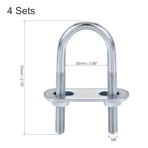 Image of TA-VIGOR 4 Sets M6 Round U Bolts, 25mm Inner Width 70mm Length Steel U Bolts with Nut, Plate, Washer for Attaching Pipe, Conduit, Cable, Tube, Brackets, Boat and Trailer