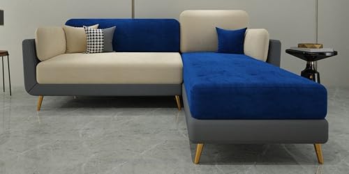 Image of Sixpine Luxury Dual Color Upholstery Lounger LHS Sofa in Premium Velvet | Solid Wood Structure | Sturdy Golden Legs | High Density Foam | Extra Comfort for Modern Living Room (Blue & Beige, 4 Seater)
