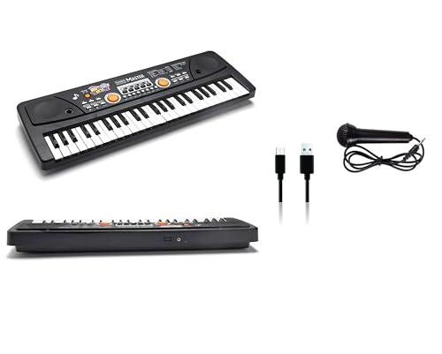 Image of Piano Keyboard with Mic | 49 Keys, 8 Rhythms, 16 Tones, 6 Demo Songs & 5 Percussions | Electronic Musical Toy for Boys & Girls Age 3 Plus | Educational & Recording Keyboard for Beginners-Black