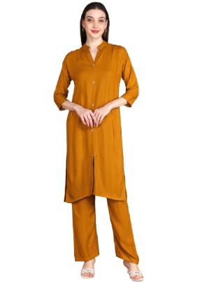Mustard Yellow Cord Set, Women's Button-Down Tunic with Pants, 3/4 Sleeve Casual Outfit