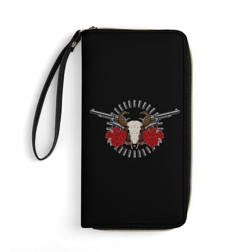 Bull Skull Rose Gun Portable Long Wallet for Women Men Zipped Travel Purse Credit Card Holder Coin Pouch