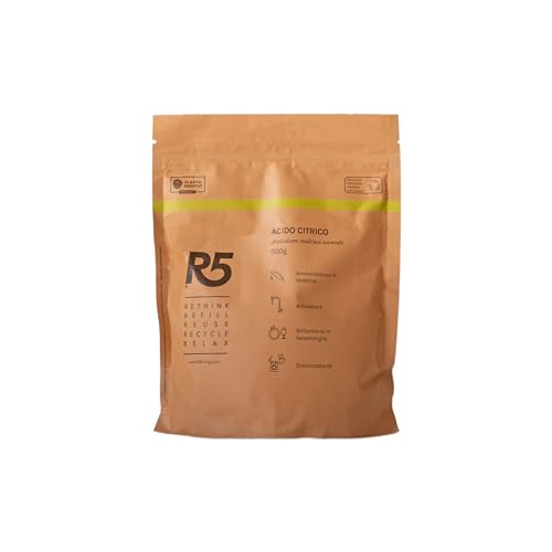 R5- Acido Citrico in Polvere 500g - Anticalcare Multiuso, ammorbidente lavatrice, brillantante per lavastoviglie, disincrostante, cura lavastoviglie.