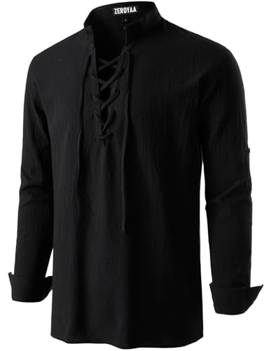 ZEROYAA Men's Medieval Vintage Long Sleeve Lace Up Shirt Renaissance Costume for Halloween Viking Pirate Cosplay ZHCL60-Black X-Large