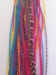 Feather Hair Extension – Yellow, Pink, Aquamarine, and Grizzly Feathers, five quality salon feathers, ranging from 5 to 7 inches in length, includes two silicone micro beads