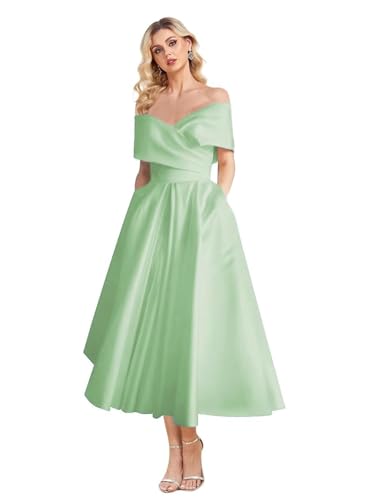 Image of Women's Off Shoulder Wedding Dress for Bride Tea Length A Line Satin Formal Prom Dresses with Pockets