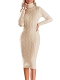 Fangetey Womens Long Sleeve Turtleneck Sweater Dresses Knitted Bodycon Midi Sheath Jumper Dresses Beige