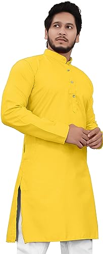 Image of Cotton Blend Full Sleeve Long Plain Kurta for Men