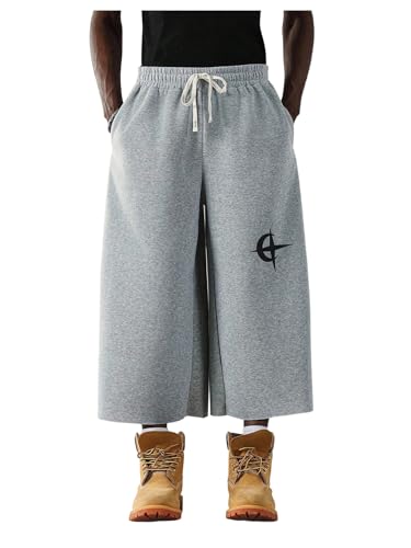 OYOANGLE Men's Capri Sweatpants Graphic Elastic Drawstring Waist Y2K Loose Straight Leg Pants Streetwear