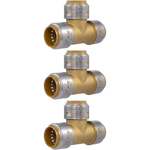 Image of SharkBite Max 1 Inch Tee, Pack of 3, Push to Connect Brass Plumbing Fitting, PEX Pipe, Copper, CPVC, PE-RT, HDPE, UR374