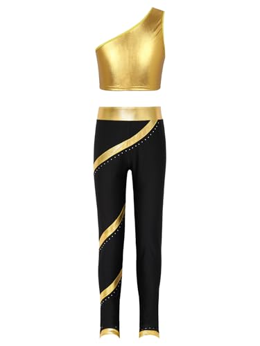 easyforever Kids Girls Sports Outfits Stripes Athletic Leggings+metallic Crop Top Vest With Dance Leotard Traacksuit Gold 12 Years
