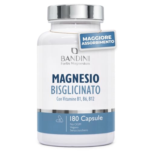 Bandini® Magnesio Bisglicinato 180 Capsule (2 mesi), 350 mg di Glicinato, Chelato per dose arricchito di Vitamina B1, B6, B12 Anti stress e fatica, Integratore per Sistema Nervoso, 100% Vegan