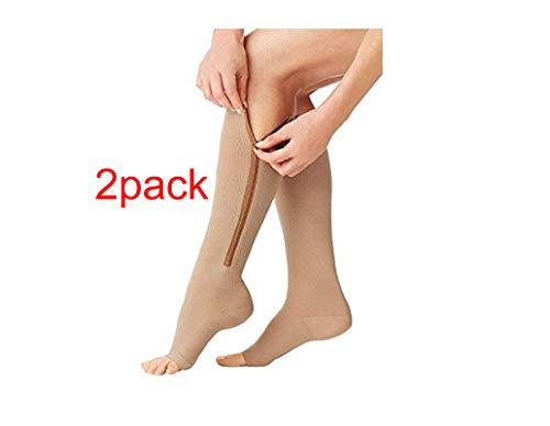 iEase 2 Pairs Compression Socks Women 15-20 mmHg Open Toe Leg Support Stocking Knee High Socks with Zipper