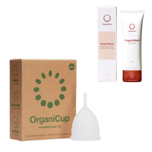 OrganiCup Menstrual Bundle - Reusable Soft Foldable Menstrual Cup Size Mini & Inmate Cleansing Soap. Period Cup for Light to Heavy Flow - Ultimate Essential Period Kit