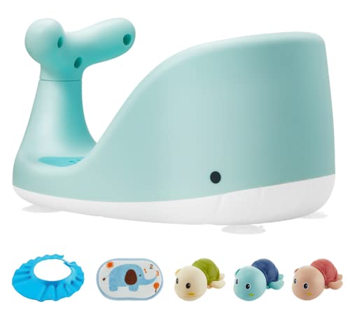 Image of Whale Shape Baby Bath Seat – 3 Bath Toys + Bath Brush + Shower Cap – Ergonomic Backrest – Elastic and Breathable – 4 Strong Non-Slip Suction Cups – Ideal Gift! (Green)