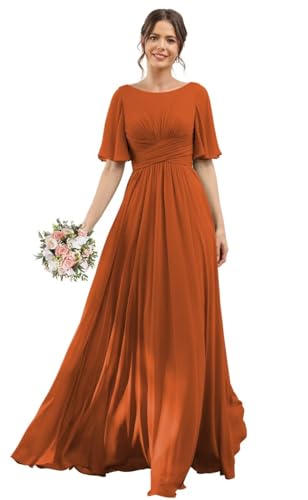 YOFF Flutter Sleeve Chiffon Bridesmaid Dress Long with Slit Scoop Neck A-Line Formal Party Dresses with Pockets YO126