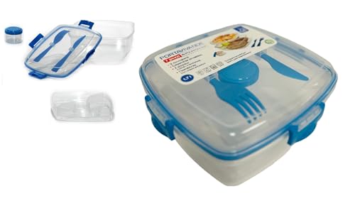 Office Lunch Box with Fork and Knife Vertical Lunch Box 3 Compartments with Sauce Holder Airtight Lunch Box with Cutlery Holder Snack Holder 1.7 Litres for Microwave Dishwasher Bento