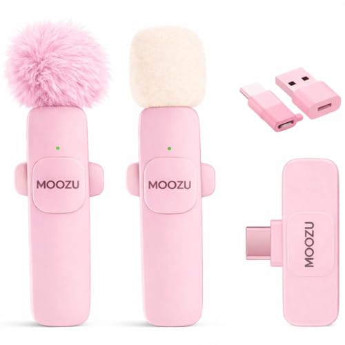 MOOZU Micro Cravate sans Fil Double – Récepteur Universel USB-C / 3,5 mm/USB, Réduction de Bruit, Plug & Play, Compatible iPhone, Android, Caméra, PC – Idéal TikTok,Vlog, Enregistrement Vidéo(Rose)