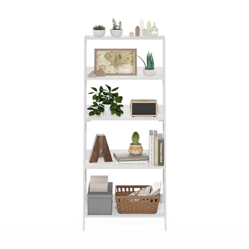 Image of Furinno Ladder Bookcase Display Shelf, 5-Tier, White | 13 x 23.6 x 53.5, Open Frame Design Bookshelf, Display Storage Shelves, for Living Room, Home Office
