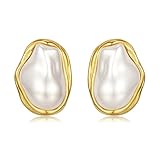 Dckazz Vintage Pearl Earrings Chunky 14K Gold Plated Statement Baroque Pearl Earrings for Women Stud Non Tarnish Stainless Steel