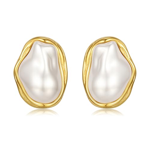 Vintage Pearl Earrings Chunky 14K Gold Plated Statement Baroque Pearl Earrings for Women Stud Non Tarnish Stainless Steel