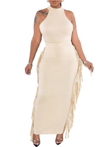 Image of 2 Piece Outfits for Women Sexy Halter Neck Sleeveless Crop Tops Ruched Bodycon Dresses Jumpsuits Fringe Skirt Sets