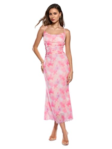 Image of SOLY HUX Women's Floral Mesh Bodycon Cami Dress Cowl Neck Sleeveless Cocktail Party Wedding Guest Long Maxi Dresses