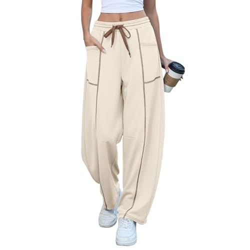 Rapbin Womens Barrel Pants Baggy Wide Leg Lounge Sweatpants Fashion Outfits with Pockets 2026 Khaki Medium