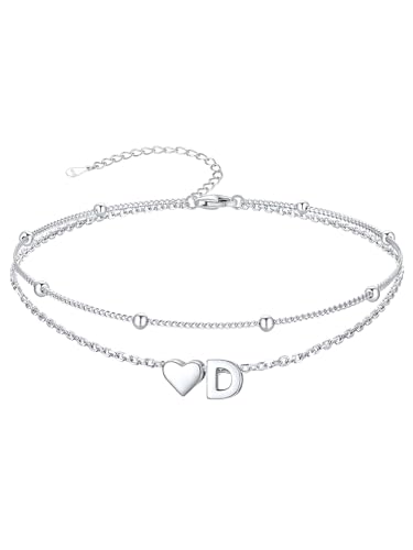Image of SILVERCUTE Silver Anklets for Women, Waterproof Initial Heart Ankle Bracelets Sterling Silver, Adjustable Layered Foot Jewelry Summer Beach Fashion with Personalized Name Design, Gift Package