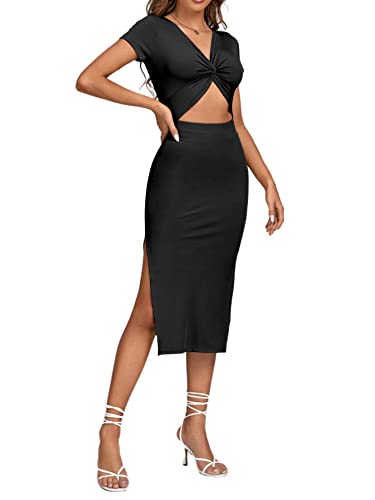Image of LYANER Women's Twist Front Cut Out Split Hem V Neck Short Sleeve Knit Bodycon Midi Dress