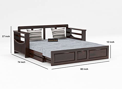 Image of Douceur Furnitures Solid Sheesham Wooden Sofa Cum Bed Queen Size with Storage for Living Room | Wooden Foldable 3 Seater Sofa Cum Bed with Headboard Folding Double Bed for Home Bedroom (Walnut)