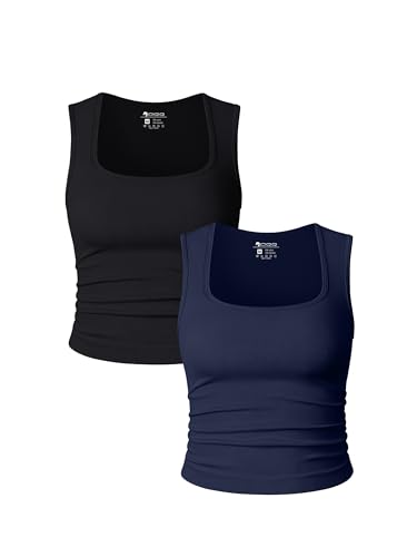 Image of OQQ Womens 2 Piece Crop Tops Rueched Sleeveless Square Neck Stretch Basic Tank Shirts