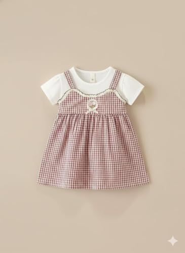 Image of A.T.U.N. (ALL THINGS UBER NICE) Baby Girls Checked Pinafore Style Dress with Inner Tee Short Sleeves | Soft Cotton Fabric | Decorative Front Bow Detail | Stylish Casual for Babies