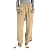 Huoghebg Leinenhose Damen – Caprihose für Frauen Petite aus Baumwoll-Leinen 3/4-Länge Stretch Elastischer Bund Sommer-Cropped Palazzo Hose Weites Bein Lounge Yoga Strandhose mit Taschen Musselin Hose