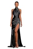Halter Long Prom Dresses Mermaid with High Slit Black Satin Bridesmaid Dress for Women Formal Party Gowns Size 12