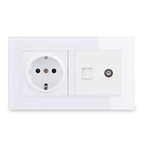 GID EU Standard Wall Socket + Female TV Jack With Internet Computer Data Connector Tempered Crystal Glass Panel,white
