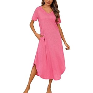 Marvmys Women Short Sleeves Long Nightgown Super Soft Sleepwear Comfy V Neck Cotton Nightshirts with Pocket Dark Pink Large